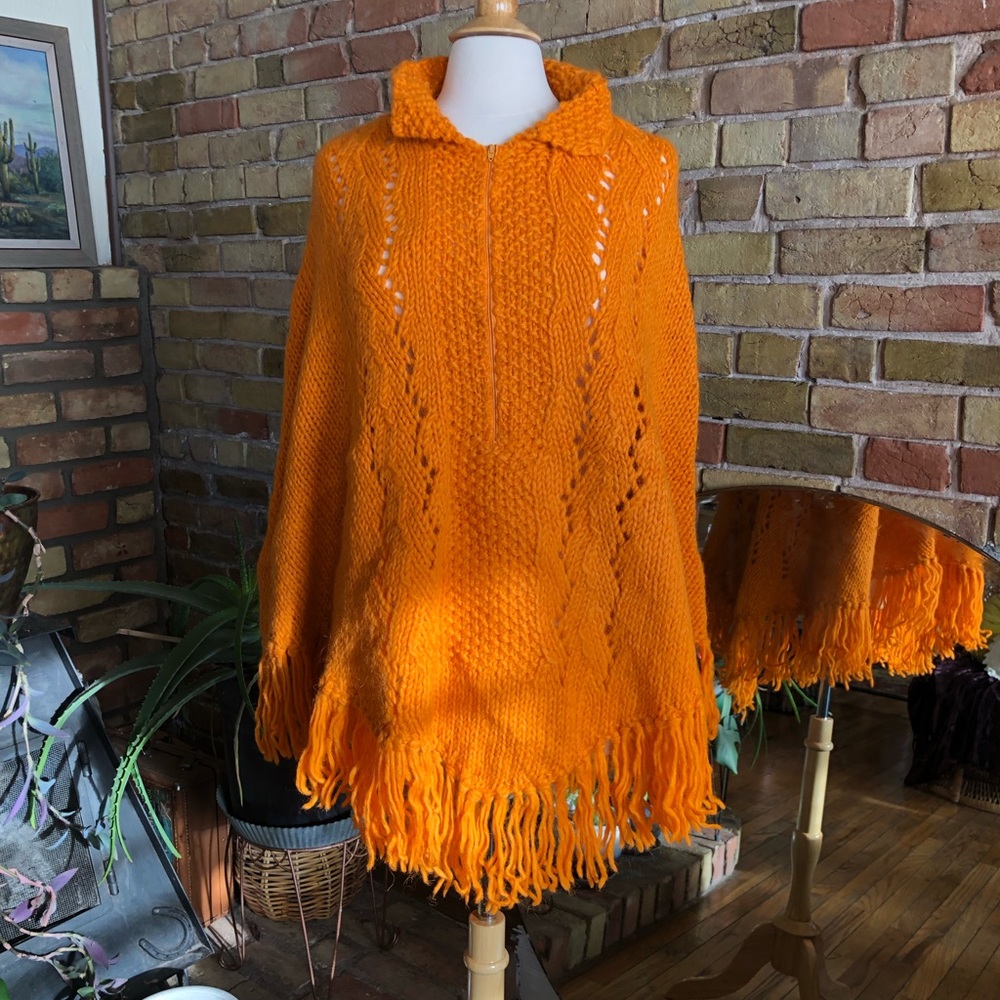 Vintage 70s Orange handmade knit poncho